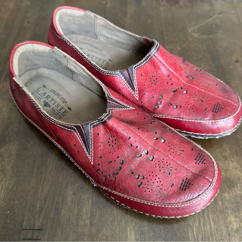 L’Artiste 39 Shoes Slip On Loafers Red‎ Artsy Floral Comfy Lagenlook Cottage ❤️